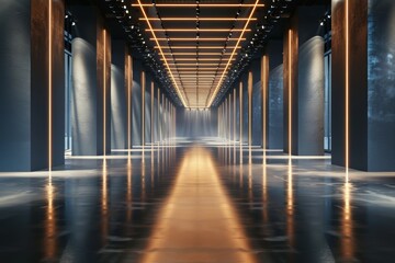 A long, empty hallway with a bright yellow light shining down on the floor. Fashion show catwalk or podium stage