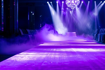 A runway with purple lights and smoke. Fashion show catwalk or podium stage