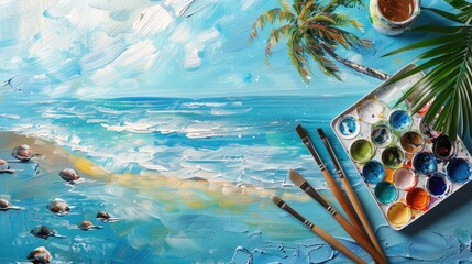 A piece of art depicting a beach scene with azure water, umbrellas, and brushes on a table. The fluid strokes create a leisurely atmosphere AIG50