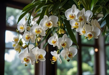 Clusters of white orchids hanging from lush green branches, generative AI