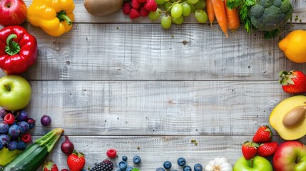 A hardwood table decorated with an assortment of fresh fruits and vegetables, capturing the beauty of local, whole foods in a stunning still life photography AIG50