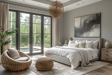 Minimalist tranquil bedroom featuring functional furniture in soft grays, bathed in abundant natural light to highlight crisp linen textures and spacious design.