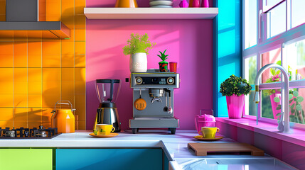 Surreal coffee maker in colorful kitchen. Coffee machine minimal style. Espresso machine coffee drinks. Generate AI.