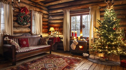 Fototapeta premium Rustic Charm of Wooden Country House with Festively Decorated Christmas Tree for New Year's