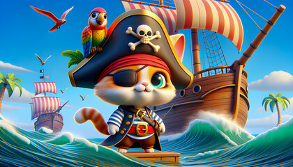 Naklejka premium A cute kitten pirate character, adorned with an eye patch and tiny hat, wields a miniature sword, blending adorable charm with swashbuckling adventure.