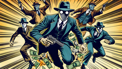 A thrilling comic book style bank robbery unfolds with masked robbers, flying cash, and intense action, creating a dynamic and suspenseful scene