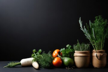 Top view herbs vegetables with plain black background