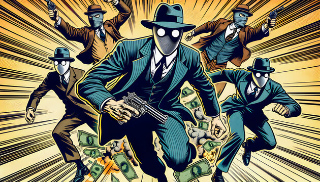 A thrilling comic book style bank robbery unfolds with masked robbers, flying cash, and intense action, creating a dynamic and suspenseful scene