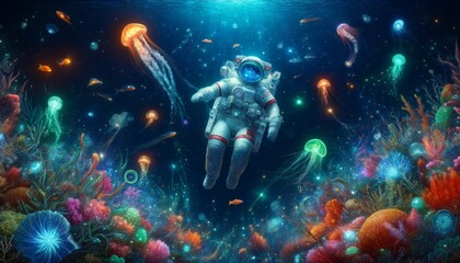 Astronaut floating underwater with colorful marine life glowing like stars and galaxies.