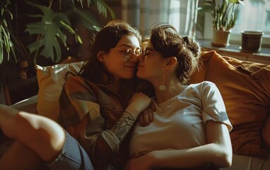 Loving Female Couple Hugging and Kissing While Relaxing at Home