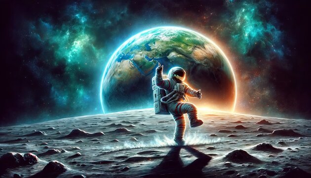 Astronaut performing a moonwalk dance on the surface of the moon, with Earth rising dramatically in the background.