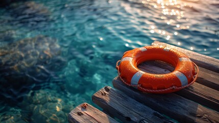 Wooden dock with an orange lifebuoy on blue water