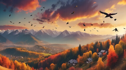 Nature outdoor fall autumn landscape background with mountains and field forest. sun rising with cloudy sky,