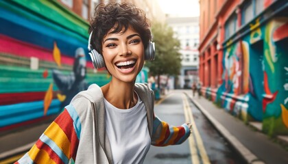 A portrait of a joyful young woman with short curly hair, wearing headphones and a casual outfit, dancing joyfully with a colorful urban street.