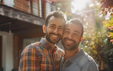 Portrait of a Happy Gay Male Couple Standing Outside the House