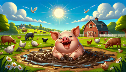 A delightful image of a happy farmyard pig, with a cheerful expression and playful demeanor, frolicking in the mud, surrounded by a rustic barnyard setting that exudes charm and joy.