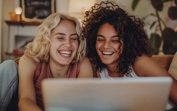 Happy young lesbian couple enjoying online shopping while relaxing together in the living room