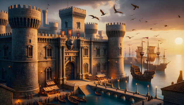 A magical dragon castle perched on a mystical peak, its towers and turrets piercing the sky, guarded by legendary creatures.
