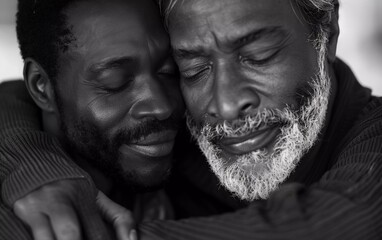 Mature homosexual black and white male couple hugging tenderly 