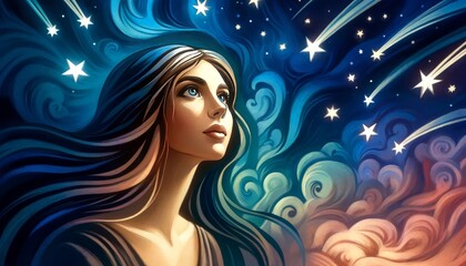 A close-up of a woman's face as she looks up at a cluster of shooting stars in the night sky, her expression filled with wonder.