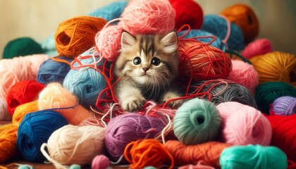 An adorable kitten entangled in a pile of colorful yarn balls, playfully batting at the strands. - Powered by Adobe