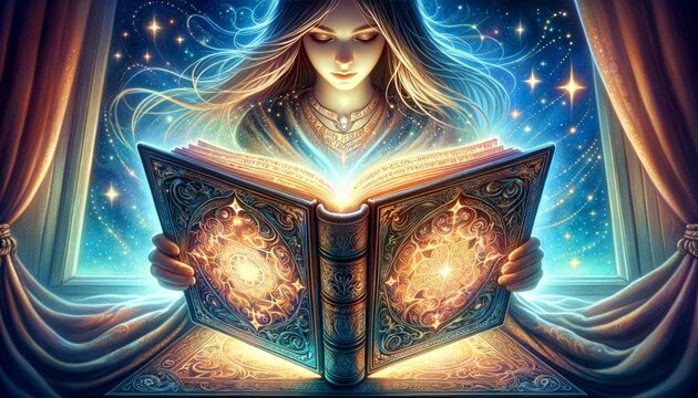 A detailed shot of a magical book with glowing pages that the woman is reading under the starry sky.