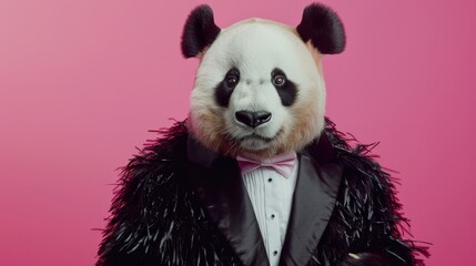 Elegant person in panda head mask and tuxedo
