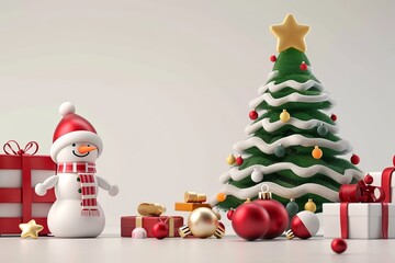 Festive white Christmas tree with simple Christmas characters icons, 3D rendering isolated on white