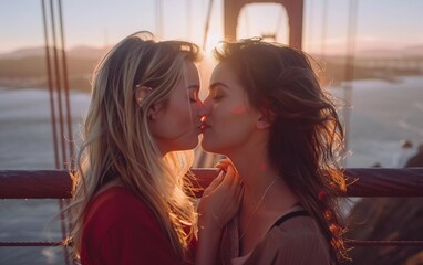 flirty lesbian couple falls in love on the Golden Gate bridge  - obrazy, fototapety, plakaty