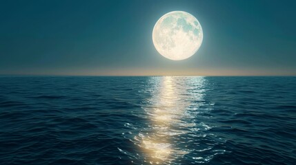 Detailed view of the full moon's shimmering light over the ocean's surface, reflecting a mesmerizing glow against a clear sky
