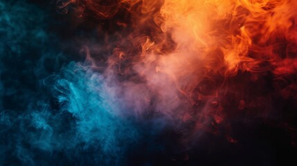 Fototapeta premium Dark background with orange and blue smoke in the foreground, closeup. Dark, fiery atmosphere with fog and smoke.