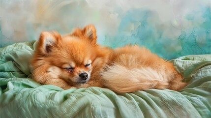 A Pomeranian curls up into a ball of fur. Sleeping on a soft green blanket. Background. Watercolor effect with soft shades of green and blue,Generative AI illustration.