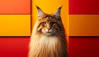 A detailed, well-focused image in a wide (16_9) format showcasing a majestic Maine Coon cat against a background divided into blocks of red and yellow. - Powered by Adobe
