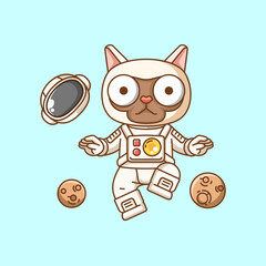 Cute cat astronaut flying animal kawaii chibi character mascot illustration outline style design