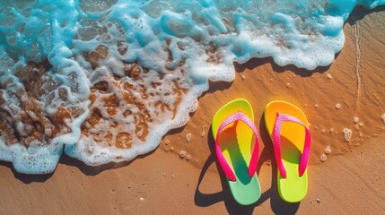 A pair of flip flops in electric blue sit on the beach next to the azure ocean, signifying leisure and happiness in sportswear art AIG50