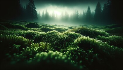 A low, close view of a moss-covered forest floor, shrouded in fog with the hint of dark clouds above.
