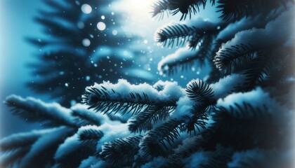 A close shot of snow settling on the branches of evergreens as a storm clears, with the blue hour light casting a moody glow. - Powered by Adobe