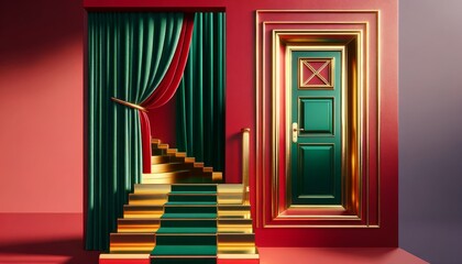 A detailed image depicting a shiny gold staircase against a deep crimson wall, with an emerald green door and a gold-framed window featuring red velve.