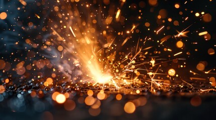 Welding sparks, shining brightly and scattered in a dark void as captured up close.