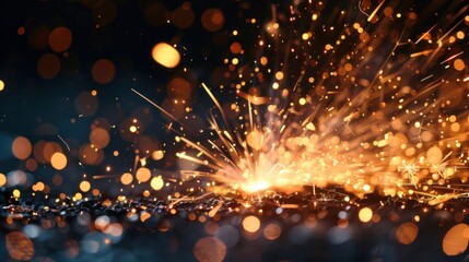 A detailed close-up of welding sparks, bright and glowing, dispersed in darkness.