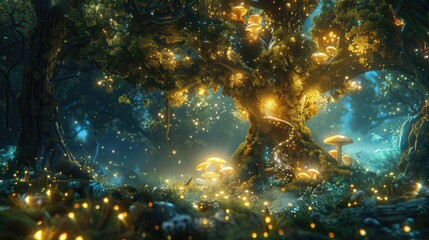 Obraz premium A captivating scene of a forest with golden glowing mushrooms under a luminous, mystical tree.