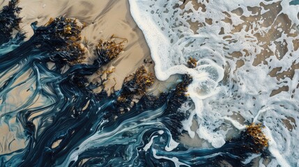 A breathtaking aerial view of waves crashing on a sandy beach, creating a beautiful water and rock landscape art in the world AIG50