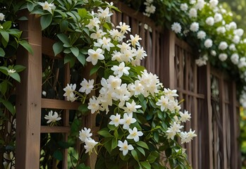 Clusters of fragrant jasmine adorning a garden trellis, generative AI