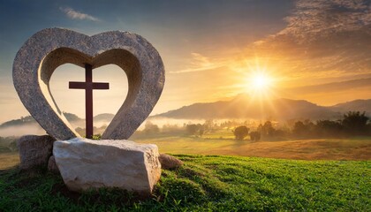 easter religious concept heart shape of empty tomb stone with the cross over meadow sunrise...