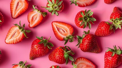 Close-up of whole and sliced strawberries arranged in a playful pattern on a bright pink pastel background, studio lighting