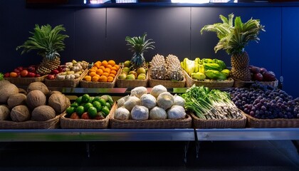 bountiful fruit and vegetable counter displayed at a bustling supermarket