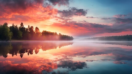 Beautiful sunset over lake with reflection in water. Nature composition.