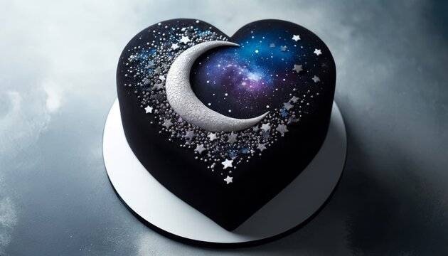 A heart-shaped cake designed with a cosmic theme, featuring a black velvet base resembling the night sky.