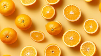 Fototapeta premium Close-up of repeating tile pattern of whole oranges and slices, creating a fun arrangement on a yellow pastel background, studio-lit