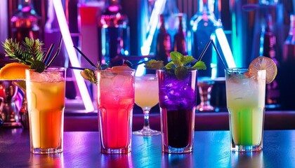 neon colorful cocktails in a cyberpunk bar
